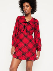 Long-Sleeve Fit & Flare Collared Jean Mini Dress