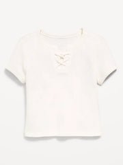 Fitted Short-Sleeve Lace-Up Waffle-Knit Top for Girls