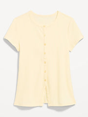 Short-Sleeve Ribbed Button-Down Top