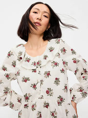 Long-Sleeve Ruffle-Collar Swing Mini Dress