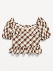 Fitted Short Puff-Sleeve Crinkled Plaid Top for Girls