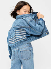 Oversized Lightweight Cropped Denim Trucker Jacket for Girls