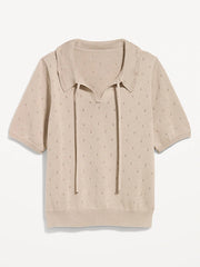 Tie-Front Seaside Cotton Pointelle Cropped Polo