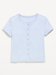 Fitted Short-Sleeve Ribbed Button-Front Top for Girls