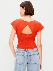 Linen-Blend Short-Sleeve Smocked Top