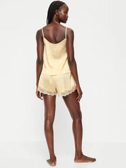 Satin Lace-Trim Pajama Tank and Shorts Set