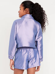 Oversized Cropped Color-Block Zip Jacket for Girls