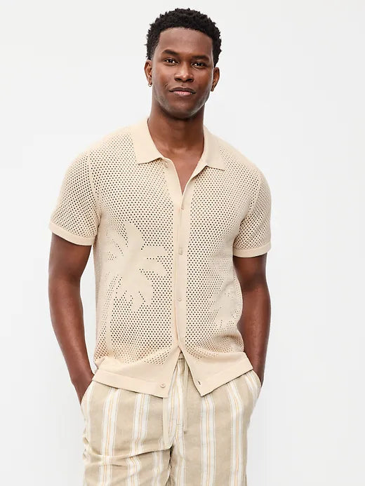 Short-Sleeve Open-Knit Sweater Shirt