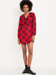 Long-Sleeve Fit & Flare Collared Jean Mini Dress