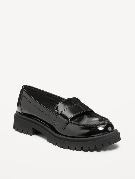 Faux-Leather Chunky Heel Loafers