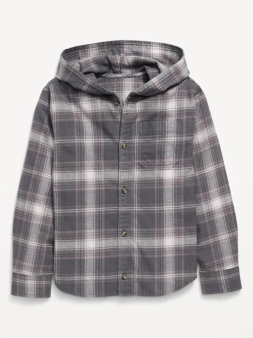 Long-Sleeve Plaid Flannel Hooded Shirt for Boys