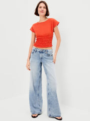 Linen-Blend Short-Sleeve Smocked Top