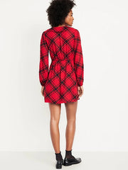Long-Sleeve Fit & Flare Collared Jean Mini Dress