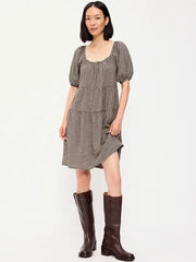 Puff-Sleeve Smocked Mini Swing Dress
