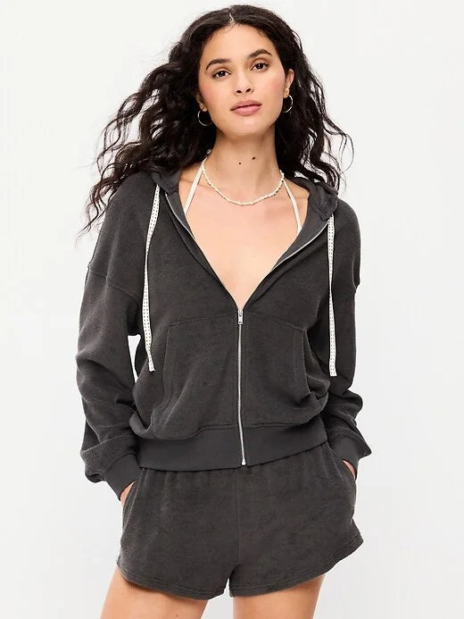Terry Cloth Full-Zip Hoodie Sweatshirt