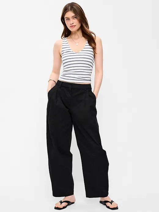 High-Waisted Twill Barrel-Leg Pants