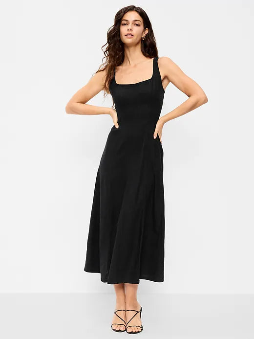 Fit & Flare Sleeveless Linen-Blend Midi Dress
