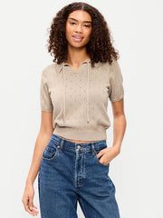 Tie-Front Seaside Cotton Pointelle Cropped Polo
