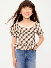 Fitted Short Puff-Sleeve Crinkled Plaid Top for Girls