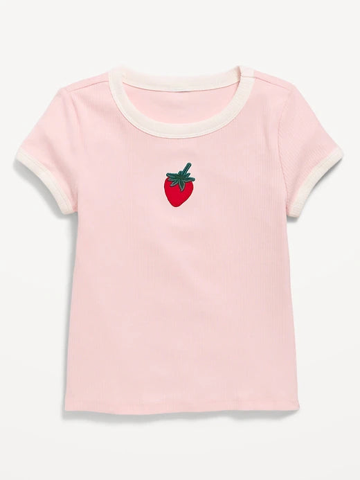 Fitted Short-Sleeve Ribbed Graphic Ringer T-Shirt for Girls