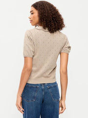 Tie-Front Seaside Cotton Pointelle Cropped Polo