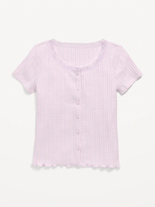 Printed Short-Sleeve Lace-Trim Button-Front Top for Girls