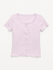 Printed Short-Sleeve Lace-Trim Button-Front Top for Girls