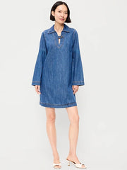 Long-Sleeve Popover Jean Mini Dress
