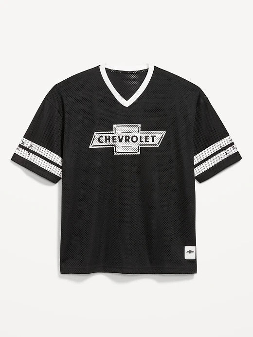 Licensed Graphic Cropped Mesh V-Neck T-Shirt