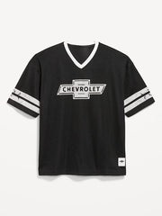 Licensed Graphic Cropped Mesh V-Neck T-Shirt