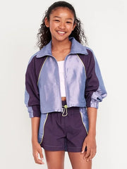 Oversized Cropped Color-Block Zip Jacket for Girls