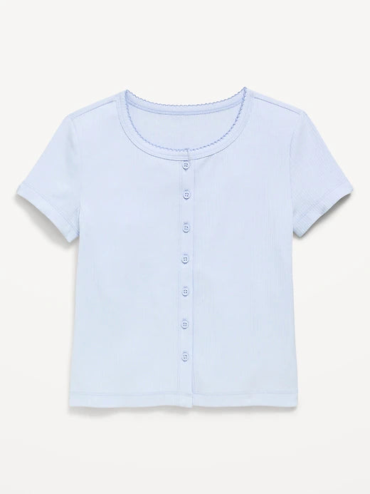 Fitted Short-Sleeve Ribbed Button-Front Top for Girls