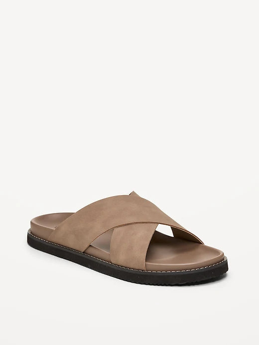 Faux-Leather Cross-Strap Slide Sandals for Men