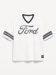 Licensed Graphic Cropped Mesh V-Neck T-Shirt