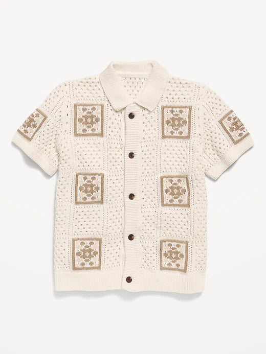 Short-Sleeve Crochet-Knit Shirt for Boys