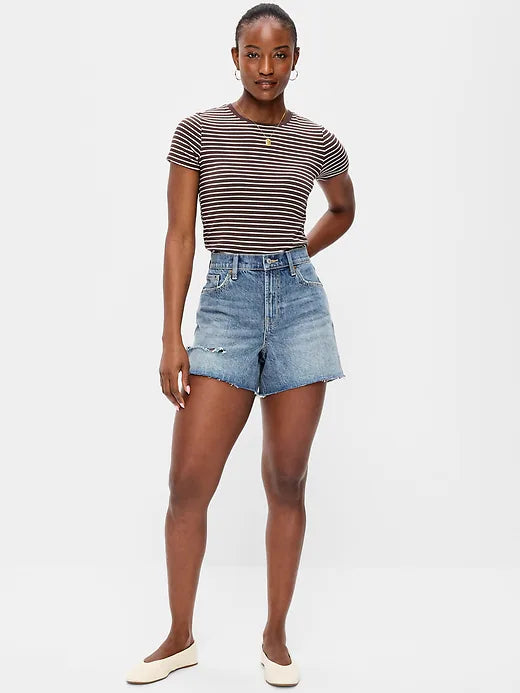 Curvy High-Waisted Baggy Jean Cut-Off Shorts -- 5-inch inseam