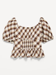 Fitted Short Puff-Sleeve Crinkled Plaid Top for Girls
