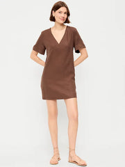 Short-Sleeve V-Neck Mini Shift Dress