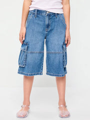 Mid-Rise Ultra Baggy Cargo Jean Shorts for Girls