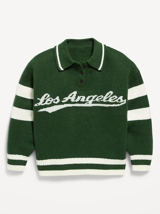 Oversized Long-Sleeve Rugby Polo Sweater for Girls
