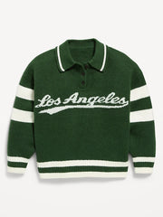 Oversized Long-Sleeve Rugby Polo Sweater for Girls