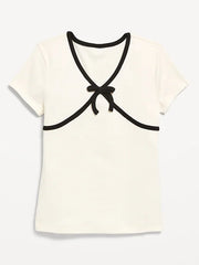 Fitted Short-Sleeve Ribbed Bow Top for Girls