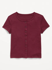 Fitted Short-Sleeve Ribbed Button-Front Top for Girls