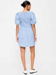 Smocked Puff-Sleeve Flare Mini Dress